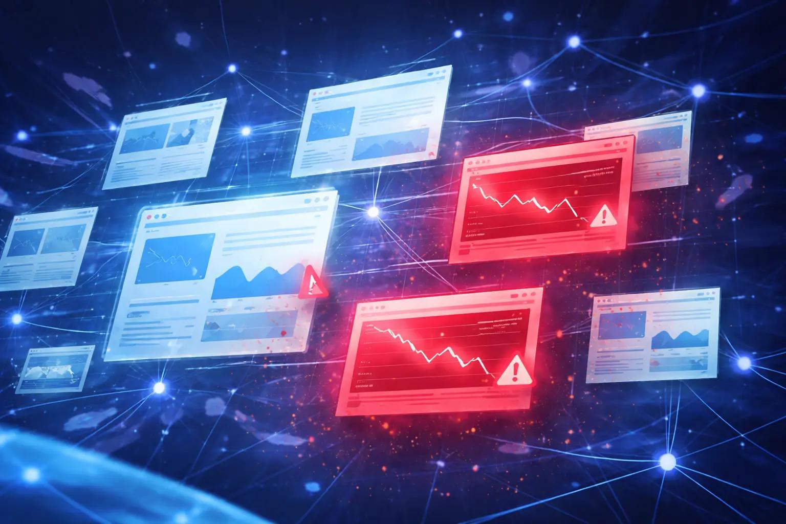 Abstract visualization of a large website with many interconnected pages, highlighting a few pages in red to represent content decay and traffic loss.