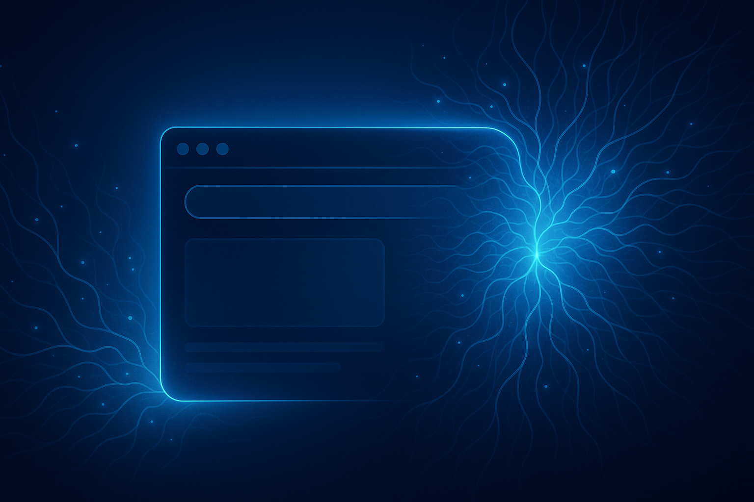 A stylized digital browser glowing with AI intelligence in the HT Blue color palette