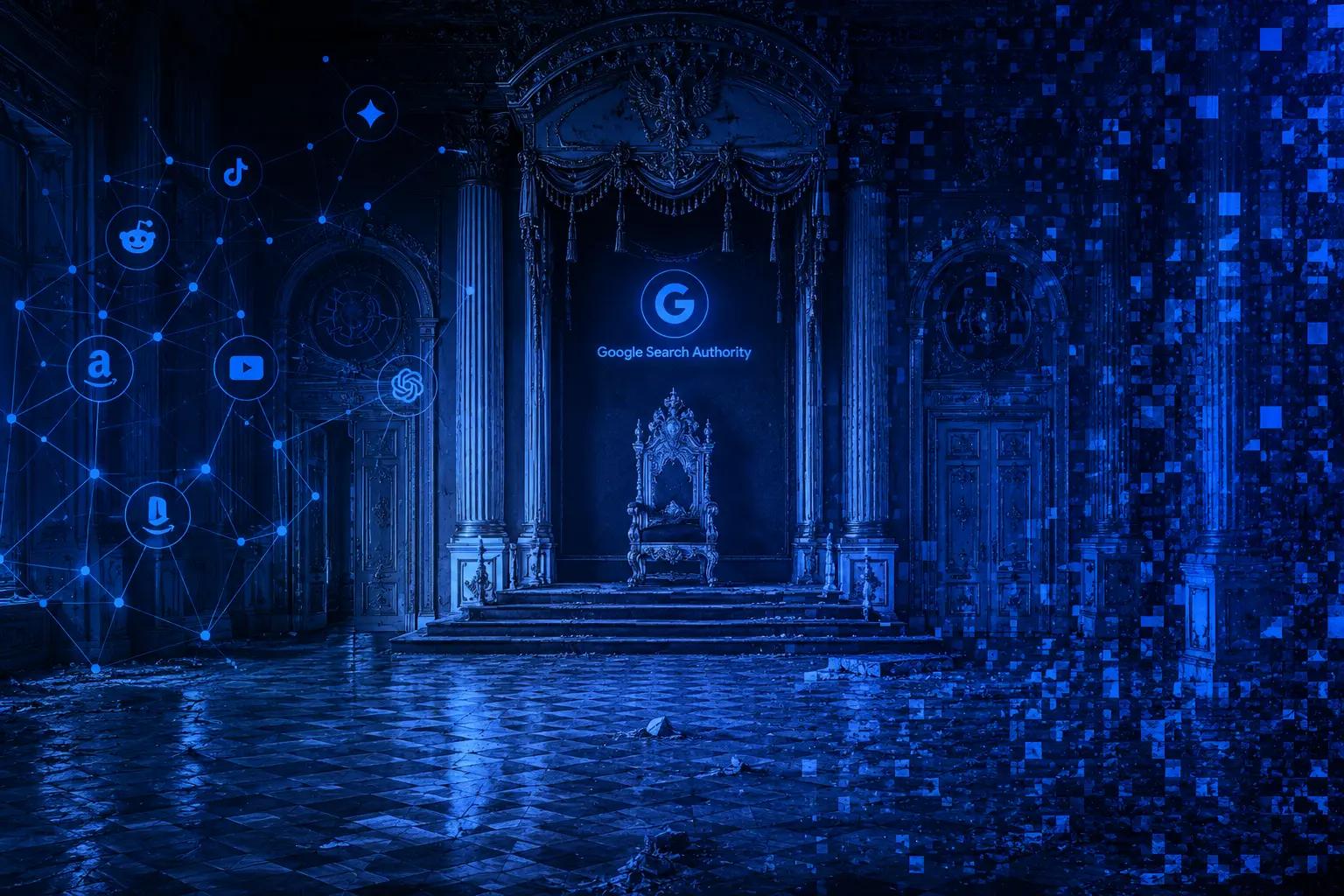 Empty throne room representing the dethroned position of Google as the singular authority over search optimization in an AI search landscape now fragmented across multiple LLM providers