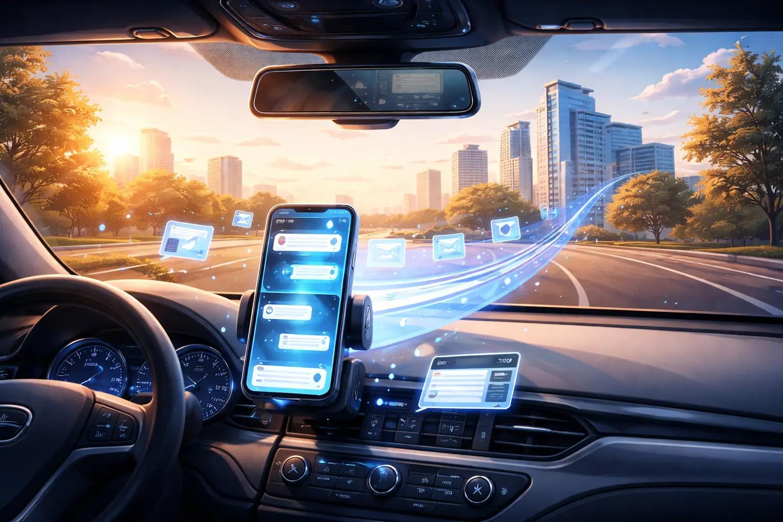 Person sitting in a parked car at sunrise, dashboard lit, phone listening, symbolizing an AI system capturing ideas during a commute.
