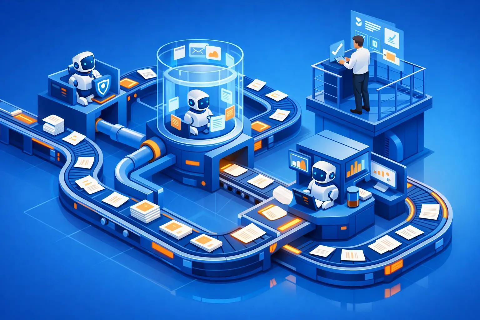 Abstract visualization of autonomous AI agents orchestrating digital experience workflows in an enterprise environment