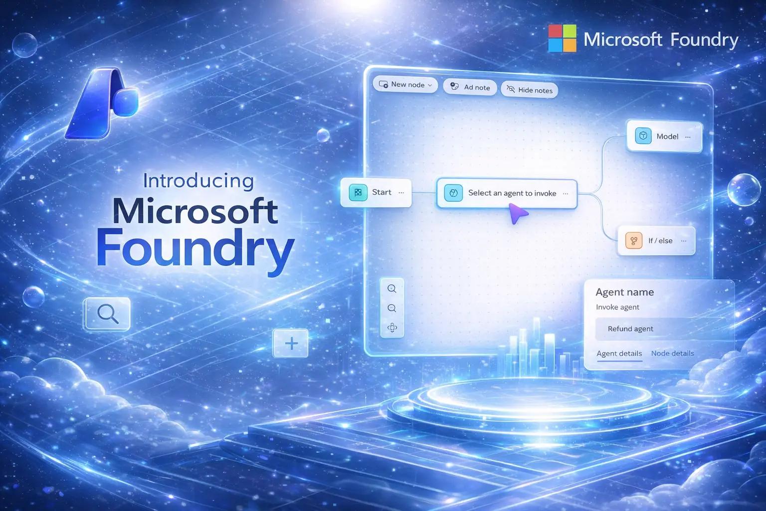 Abstract visualization of interconnected AI agents and data flows representing Microsoft Foundry in an enterprise environment
